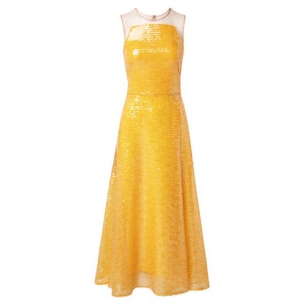 Akris Yellow Silk Sequined Tulle Illusion Midi Dress Size 6 NEW